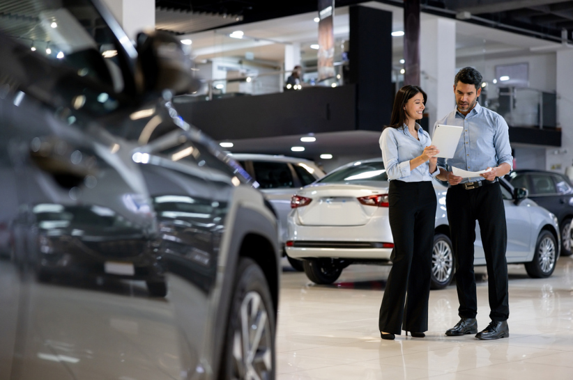 two dealers standing in the car showroom looking at papers