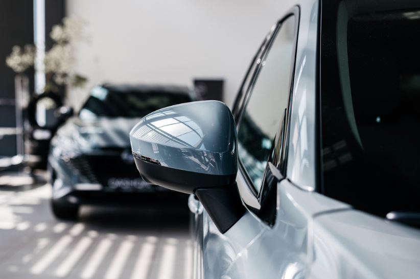 Close up of a gray car's side mirror.