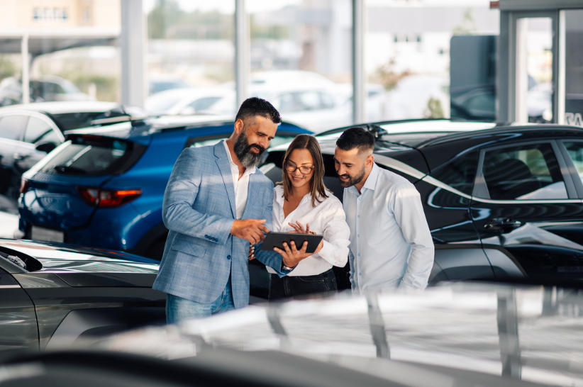 Three people all standing in a car dealership looing at an IPAD one of the men is holding